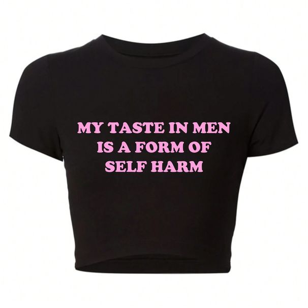 Trendy Women's Cropped Graphic Tee – Knot Letter Print Short Sleeve Top, Stretchy Polyester, Streetwear Style (Xs-Xl, Black)_ecoleips.com
