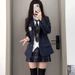 girl JK Uniform Navy Blue Suit College Style Blazer Plaid Skirt Shirt Outfit Set For Women_ecoleips.com