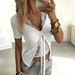 Women's Lace Trimmed Deep V Neck Tie up Bow Top Short Sleeve T-Shirt New Style 2026 European American Cross Border Fashion_ecoleips.com