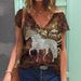 Women's Retro Western Cowboy Print V Neck Short Sleeve T-Shirt European American Style Top_ecoleips.com