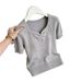 Women's Style V Neck Pleated Herringbone Knit Top Short Sleeve Slim Fit Stylish Summer_ecoleips.com