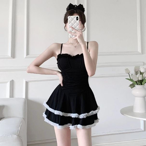 Women's One Piece Halter Swimsuit Solid Color Girlish Alluring Style Skirt Design Conservative Slimming Fresh Hot Spring Swimwear_ecoleips.com