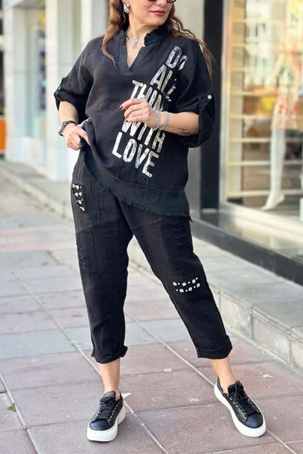 Women's Clothing Letter Printing Suit Five Point Sleeve Trousers Loose Suit_ecoleips.com
