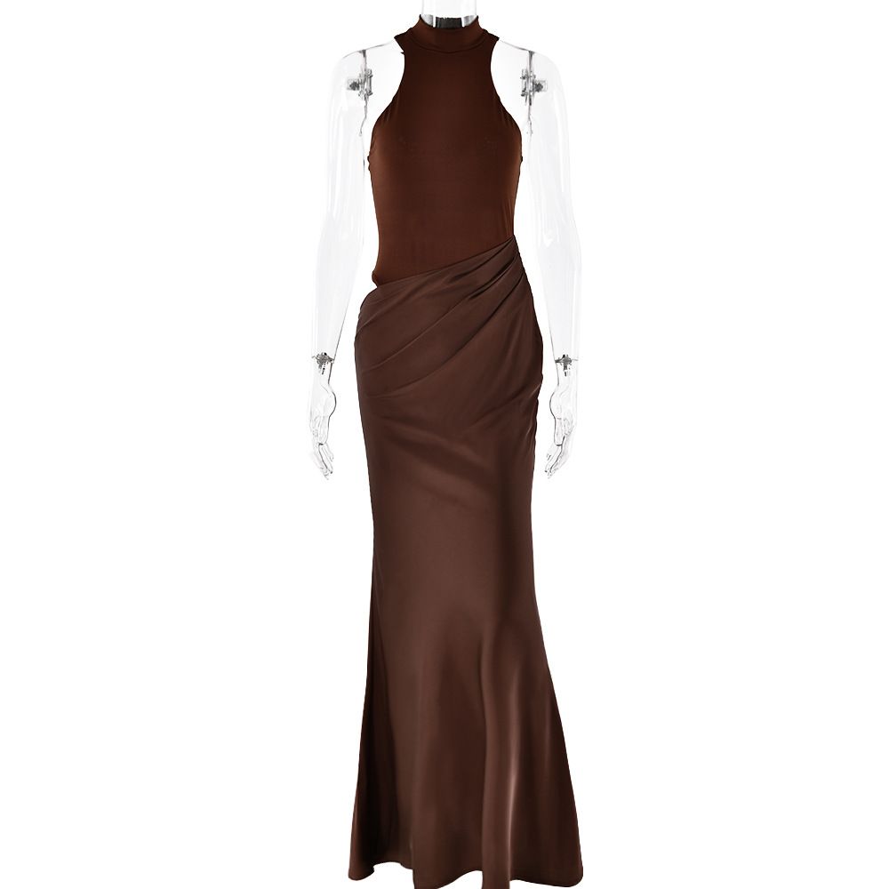 Women's Clothing Dress Round Neck Sleeveless Slim Stitching Long Skirt Fashionable Hollow Dress_ecoleips.com