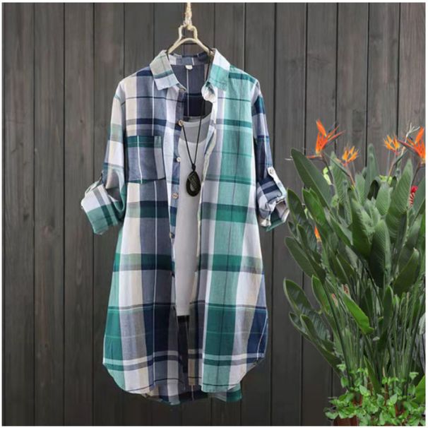 Grid-Patterned Shirt, Women's Long-Sleeved Mid-Length Cardigan, Loose-Fitting Oversized Jacket, Sun-Protective Lining_ecoleips.com