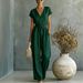 Elegant V-Neck Jumpsuit With Button Front And Adjustable Waist Tie, Solid Color One-Piece Outfit For Women, Chic Lounge To Street Wear_ecoleips.com