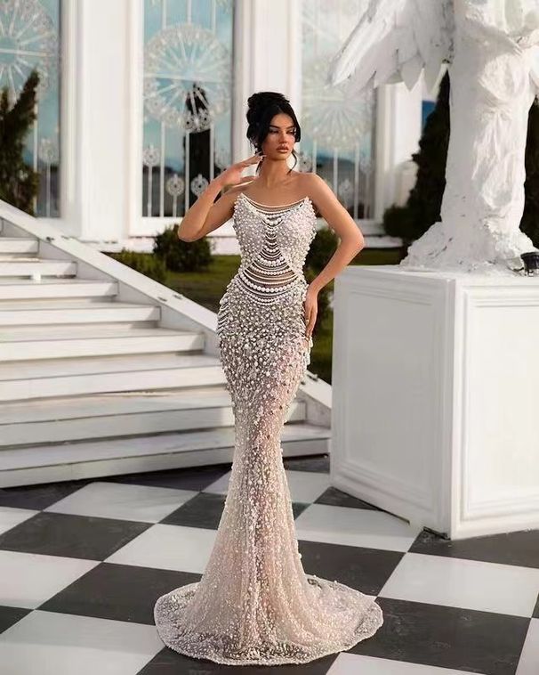 Women's Clothing White Pearl Series Deep V Neck See Through Mesh High Waist Slim Stage Banquet Dress_ecoleips.com