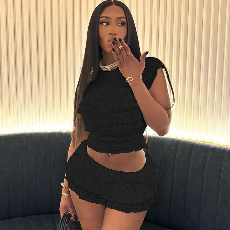 2025 Summer New Fashion European American Style Sweet And Spicy Girl Solid Color Hollow Out Slim Fit Ruched Short Skirt_ecoleips.com