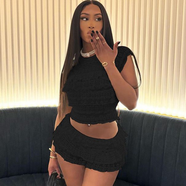 2025 Summer New Fashion European American Style Sweet And Spicy Girl Solid Color Hollow Out Slim Fit Ruched Short Skirt_ecoleips.com