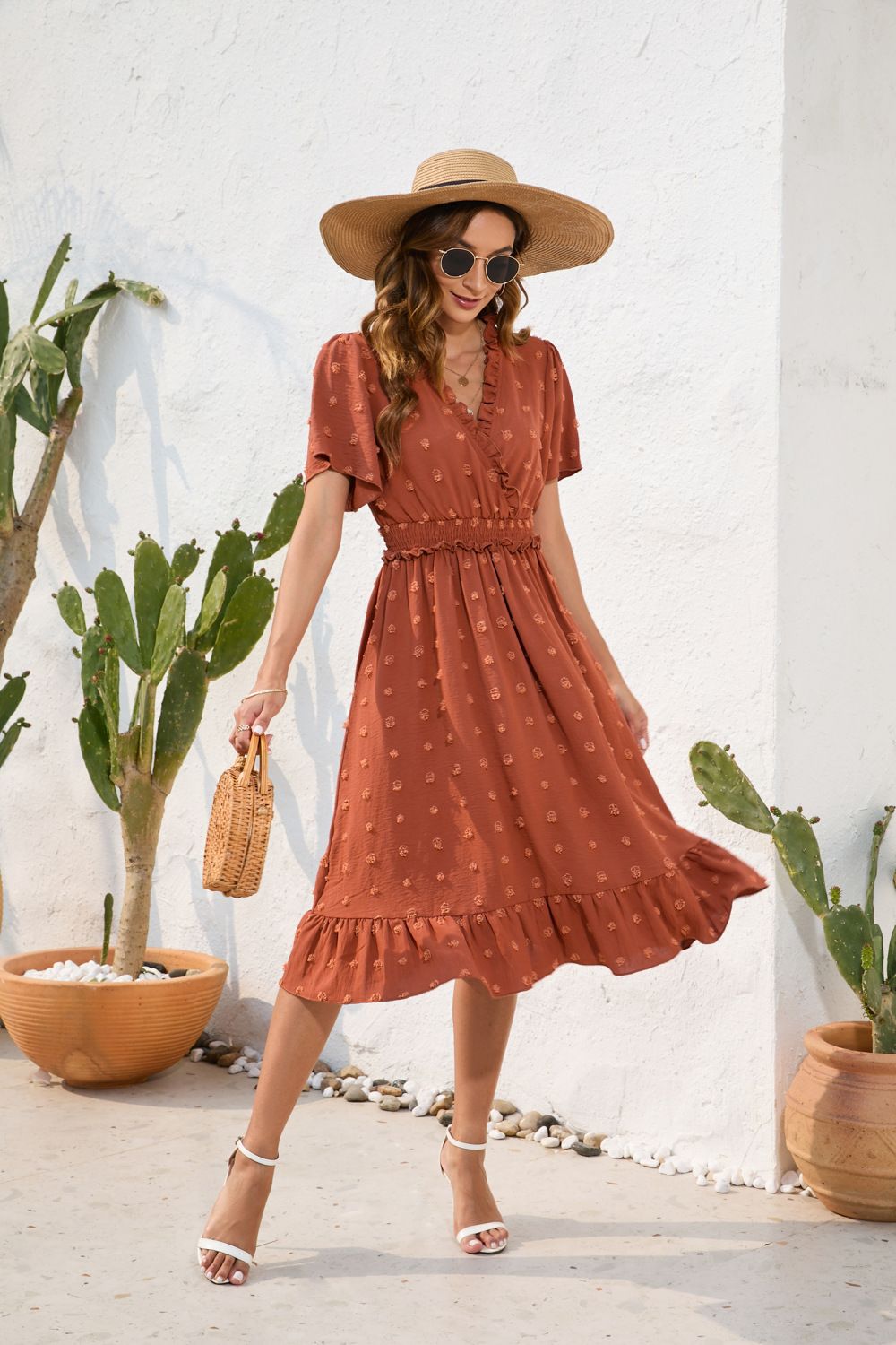 Women's Clothing V Neck High Waist Tie Dress Fur Ball Short Sleeve Dress Casual Travel Dress_ecoleips.com