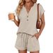 Women's Clothing Henley 2-Piece Shorts Set Casual Short Sleeve Top & Shorts Outfit | Ribbon Tie Detail Polyester Spandex Comfy Lounge Wear_ecoleips.com