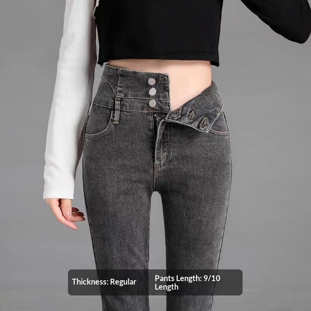2024 Fall/Winter New Women's Fleece-Lined High-Waisted Jeans, Stretch Slim-Fit Pencil Pants, Slimming Cropped Jeans_ecoleips.com