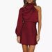 Women's Clothing One Shoulder Long Sleeve Mini Dress Silk Long Sleeve Round Neck Cocktail Short Dress_ecoleips.com