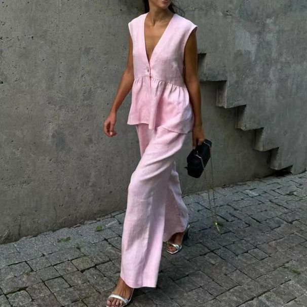 Women's Clothing Sleeveless Solid Color Breathable Sleeveless Lounge Set – Women’s Casual Polyester-Blend Top & Pants (S-XL, 6 Neutral Shades)_ecoleips.com