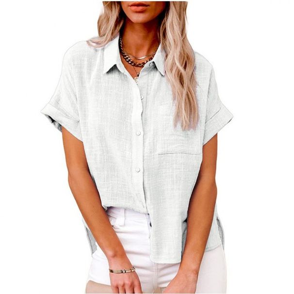 New Women's Solid Color Linen Shirt Short Sleeve Casual Loose Shirt_ecoleips.com