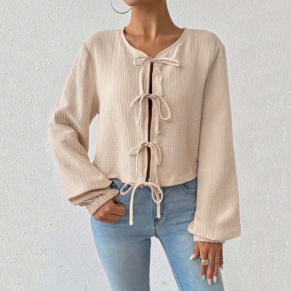 Voya Women's Elegant And Intellectual Style T-shirt For Autumn And Winter, Loose And Slim Fit, Short And Tied Cardigan Top_ecoleips.com