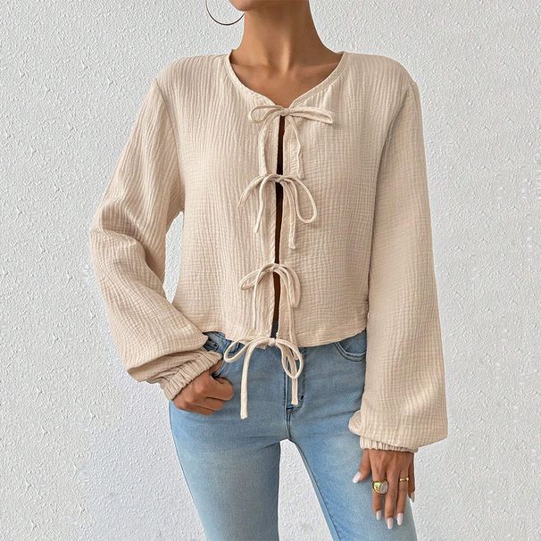 Voya Women's Elegant And Intellectual Style T-shirt For Autumn And Winter, Loose And Slim Fit, Short And Tied Cardigan Top_ecoleips.com