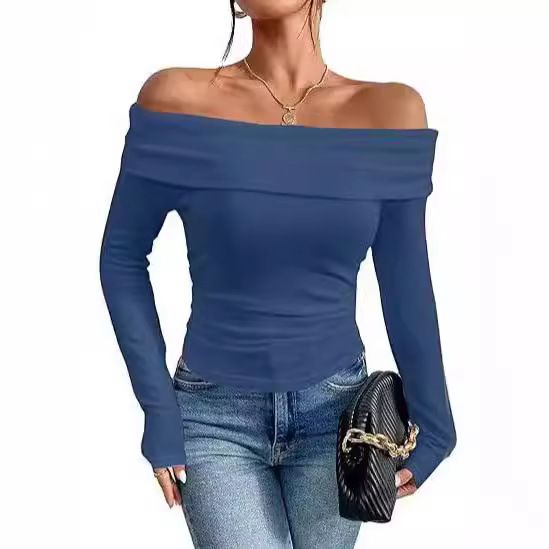 2025 Sexy Off Slimming Long Sleeve Bottom One Shoulder Women's Top T-shirt_ecoleips.com