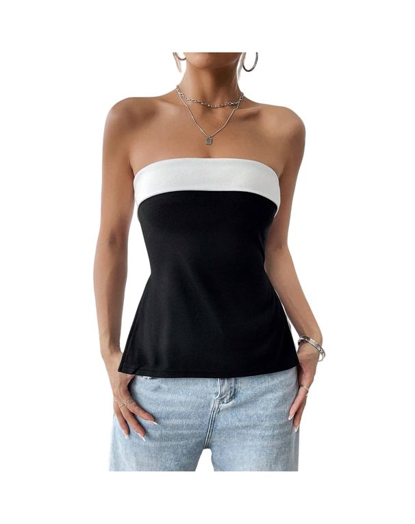 Women's Clothing Black And White Contrast Color Tube Top Elegant Temperament Commuting One Shoulder Tube Top_ecoleips.com