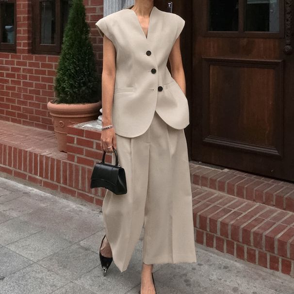 Women's Clothing Retro Temperament V Neck Sleeveless Suit High Waist Vest Trousers Fashion Casual Suit_ecoleips.com
