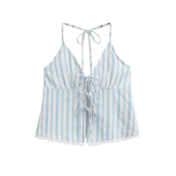 Women's Clothing Fashion Design Contrast Color Stripes Halter Strap_ecoleips.com