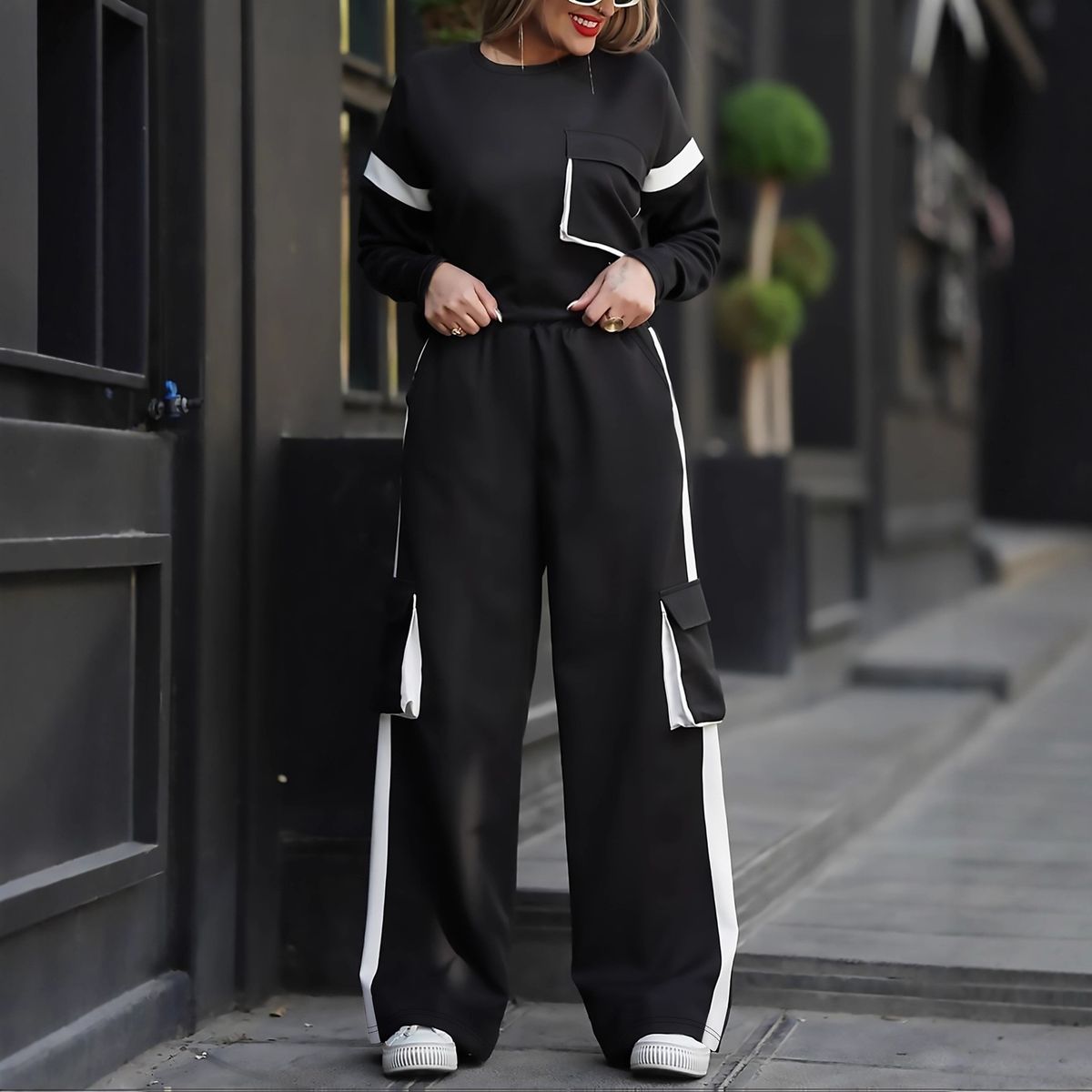 Women's Casual Contrast Color Long Sleeve Top And Wide Leg Pants Two-Piece Set, Comfortable Knit Loungewear, Daily Streetwear Outfit_ecoleips.com