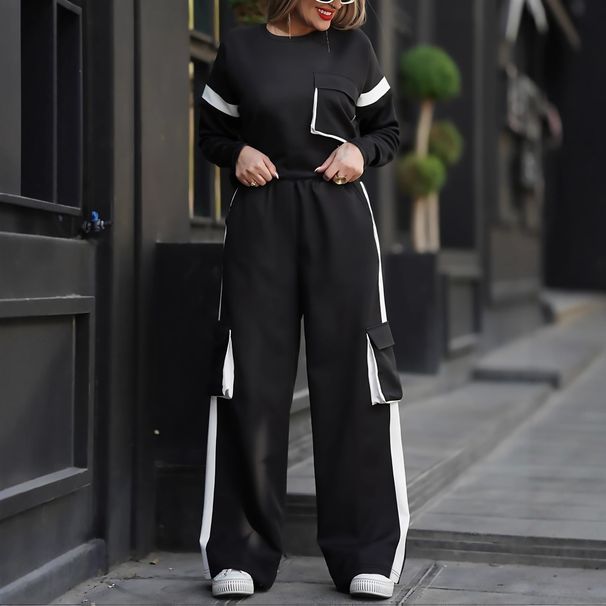 Women's Casual Contrast Color Long Sleeve Top And Wide Leg Pants Two-Piece Set, Comfortable Knit Loungewear, Daily Streetwear Outfit_ecoleips.com