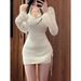 Pure Desire Style Sweet Spicy Girl Halter Neck White Dress Set For Women Spring Summer Irregular Drawstring Hollow_ecoleips.com