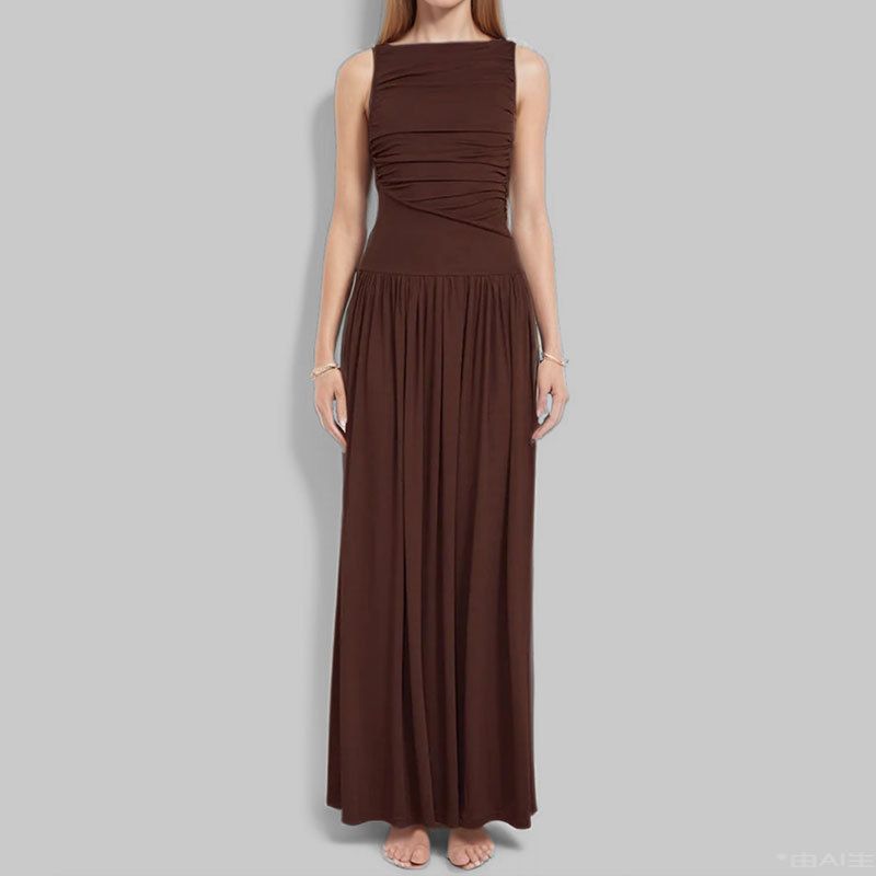 Women's Clothing Spring Dress Fashion Temperament Elegant Solid Color Slim Pleated Pleated Dress_ecoleips.com