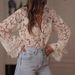Women's Black Floral Lace Blouse, V Neck Long Flare Sleeve Sheer Mesh Shirt, Elegant Button Down Casual Top For Daily Wear, Party, Date Night, Romanti_ecoleips.com