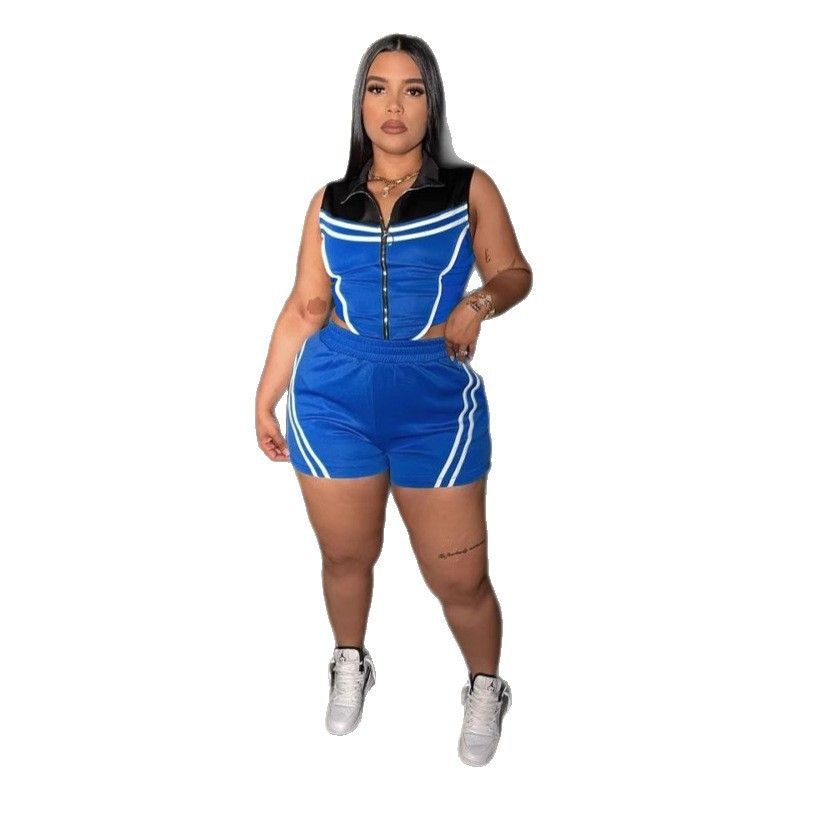 Women's Clothing Commuter Leisure Striped Stitching Contrast Color Sleeveless Elastic Slim Fit Sports Two Piece Suit_ecoleips.com