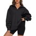 Voya Women's Quarter Zip Oversized Sweatshirt – Khaki Long Sleeve Pullover, Casual Loose Fit, EU Autumn Winter Loungewear Top_ecoleips.com