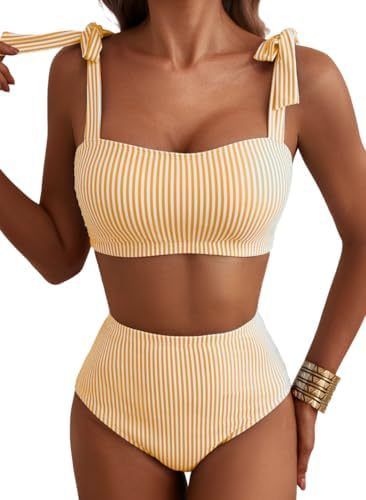 Women's High-Waisted Bikini Set With Tie Details, Striped & Print Two-Piece Swimsuit Vibrant Patterns & Colors_ecoleips.com