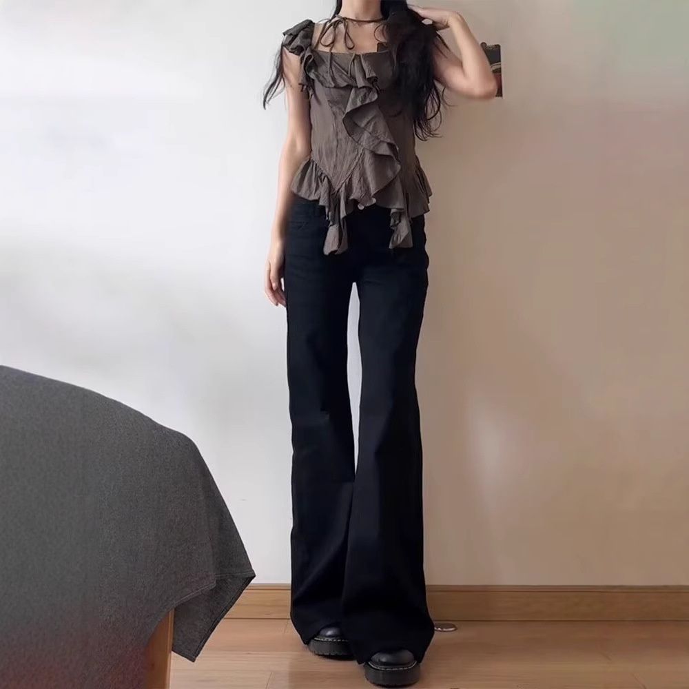 Black Micro-flared Jeans For Women, 2025 Summer New High Street Low-waist Petite Non-tight-fitting Bootcut Floor-length_ecoleips.com