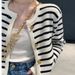 K Gold Button Contrasting Striped Round Neck Knitted Cardigan For Women, Loose Short Style, Outer Sweater Jacket_ecoleips.com