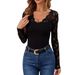 European And American Cross-border 2026 New Fan-shaped V-neck Lace Splicing Slim-fit Long-sleeve Women's T-shirt_ecoleips.com