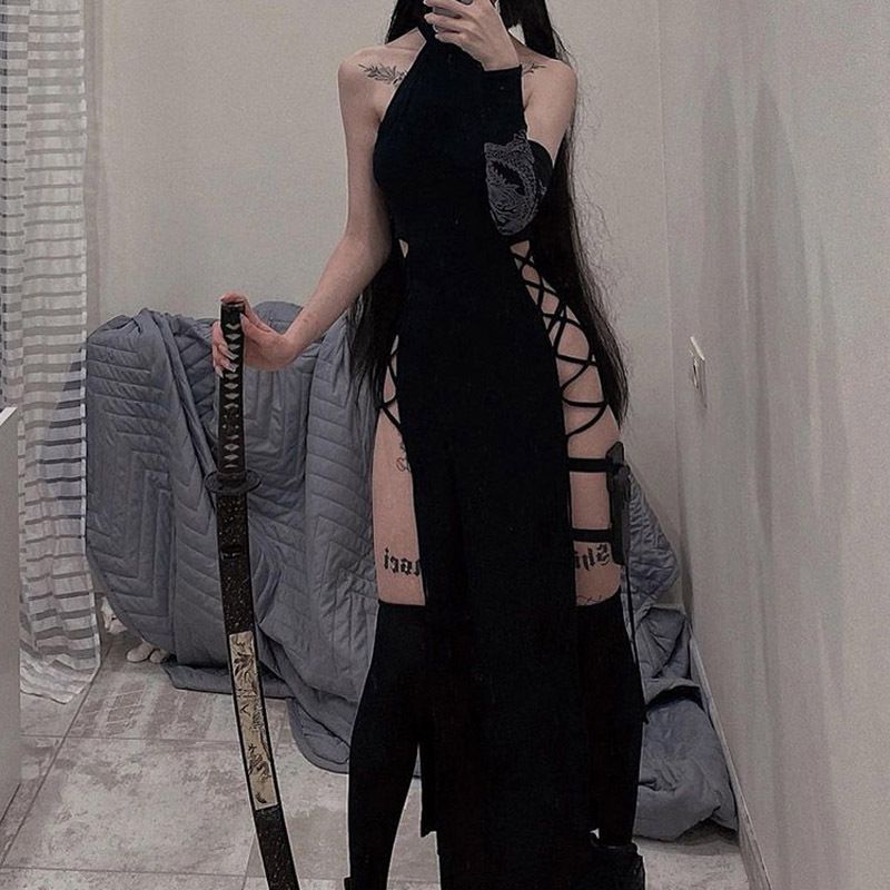 Summer Sexy Slimming Long Dress for Women European And American Style Halter Neck Hollow out Double Slit 2025 New Cross Border_ecoleips.com