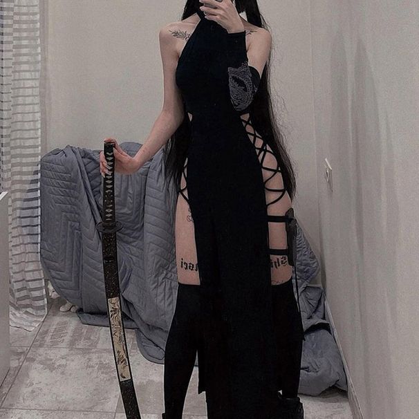 Summer Sexy Slimming Long Dress for Women European And American Style Halter Neck Hollow out Double Slit 2025 New Cross Border_ecoleips.com