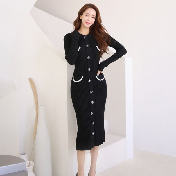 Women's Clothing Women's Elegant Rhinestone Petal Button Cardigan Long Knit Dress Autumn/Winter Korean Style Sweater Dress_ecoleips.com