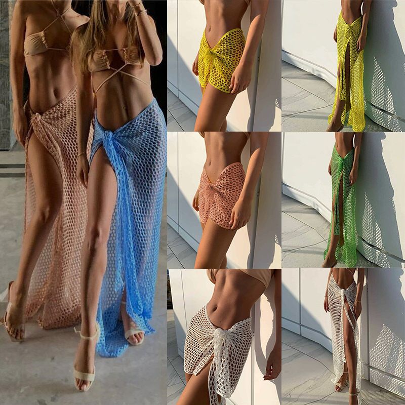 Women's Clothing Knitted Swimming Skirt Holiday Sexy Perspective Strap Beach Towel Solid Color Apron Skirt_ecoleips.com