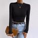 Autumn Women's Solid Knit Pleated Side Long Sleeve T-Shirt Long Sleeves Solid Slim Tees All Match Basic Tops Undershirt_ecoleips.com