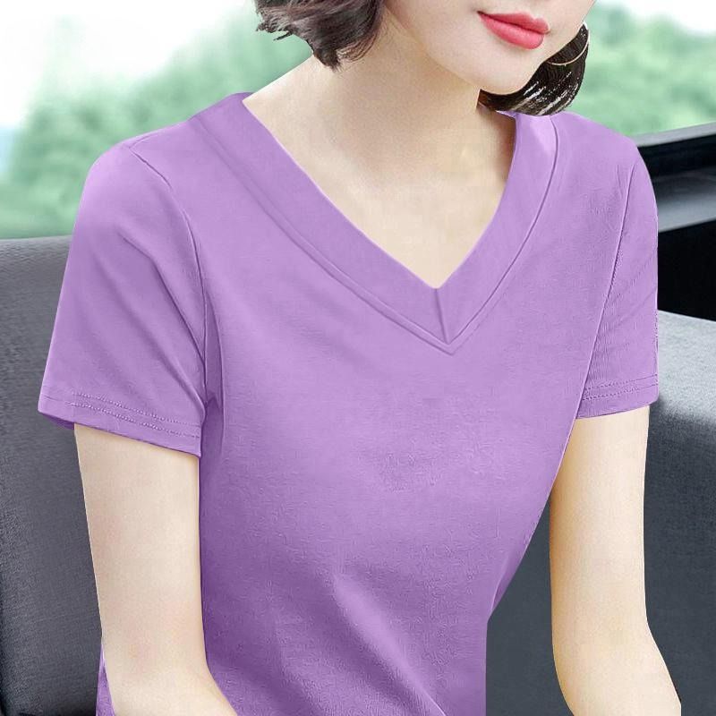 V-neck T-shirt Women's Short-sleeved Cotton Top Women's New Solid-color Loose Large-size Chicken Heart Collar Solid-color Bottoming Shirt_ecoleips.com