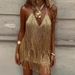 Sexy Halter Hight Street Summer Mini Dress Women Elegant Backless Solid Color Party Dress 2026 Fashion Tassels Shiny Beach Dress_ecoleips.com
