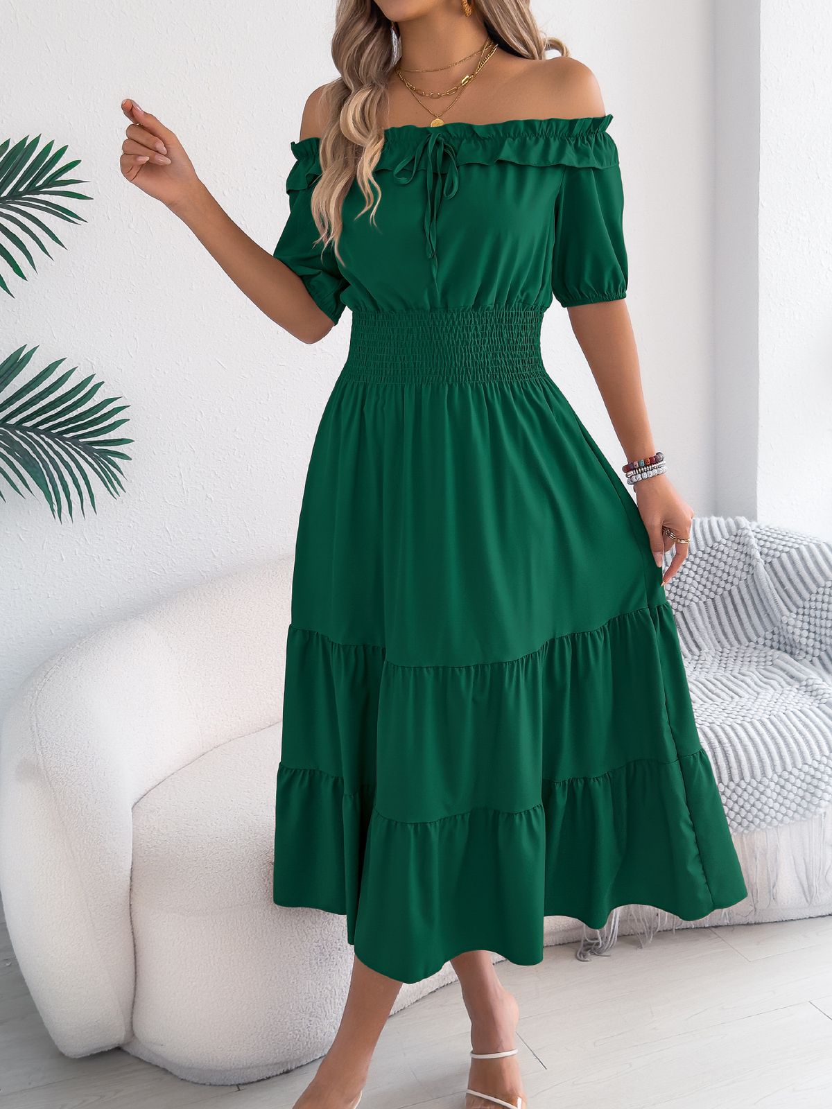 2026 Spring/Summer European And American Casual Off-Shoulder Ruffled Short-Sleeve Gathered Waist Long Dress Independent_ecoleips.com