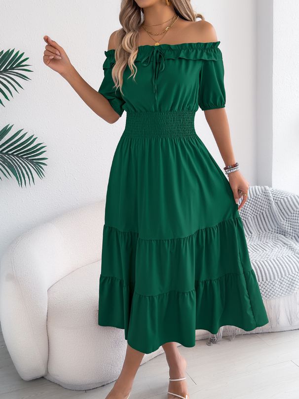 2026 Spring/Summer European And American Casual Off-Shoulder Ruffled Short-Sleeve Gathered Waist Long Dress Independent_ecoleips.com