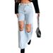 Women’s Clothing Early Spring Large Hole Chain Pendant Ladies Denim Straight Pants_ecoleips.com