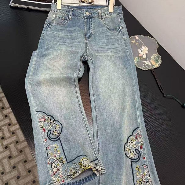 New Chinese-style Women's Embroidered Jeans, 2026 Summer New Model, Plus-size, Loose-fitting, Slimming Wide-leg Pants,_ecoleips.com