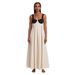 Women's Black White Color Block Backless Halter Maxi Dress Fitted Bodice Full Skirt Goddess Style Resort Beach Dress_ecoleips.com