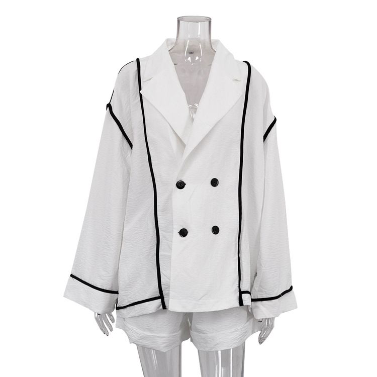Women's Clothing Lapel Long Sleeved Cardigan Jacket With Lace Up Loose Wide Leg Shorts Casual Two Piece Suit_ecoleips.com