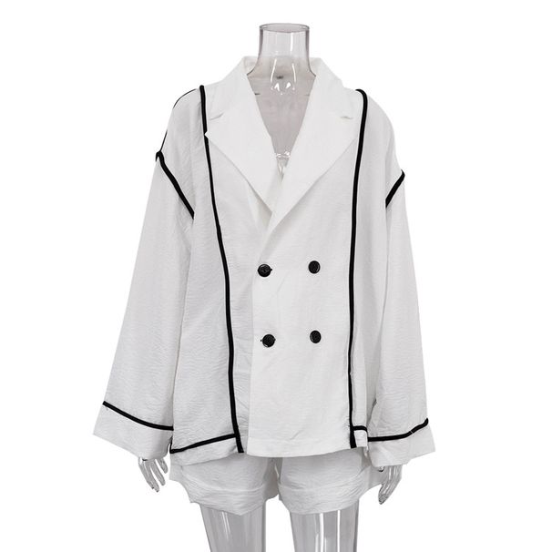 Women's Clothing Lapel Long Sleeved Cardigan Jacket With Lace Up Loose Wide Leg Shorts Casual Two Piece Suit_ecoleips.com